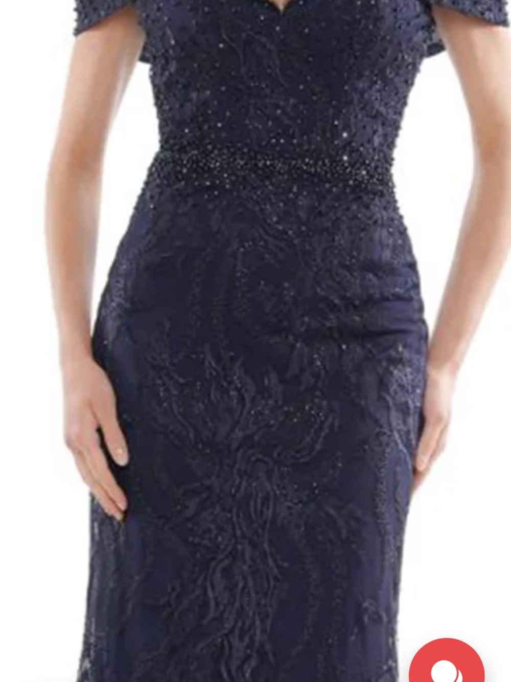 Rina diMontella Navy Beaded Lace Long Sleeve Gown